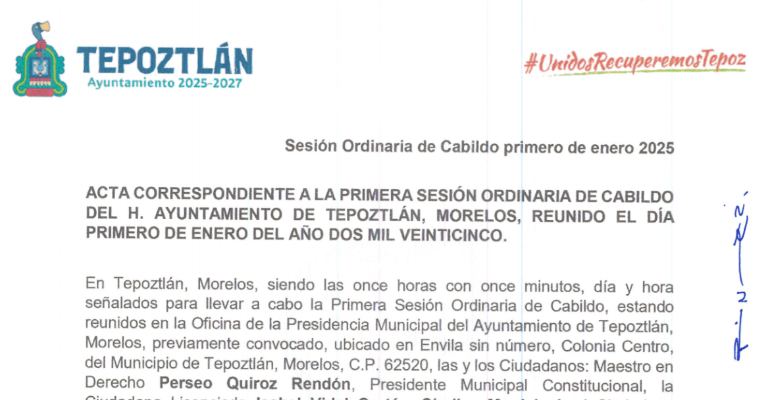 1ª Sesión ordinaria de cabildo del Ayuntamiento 2025-2027 de Tepoztlán - 1 de enero de 2025